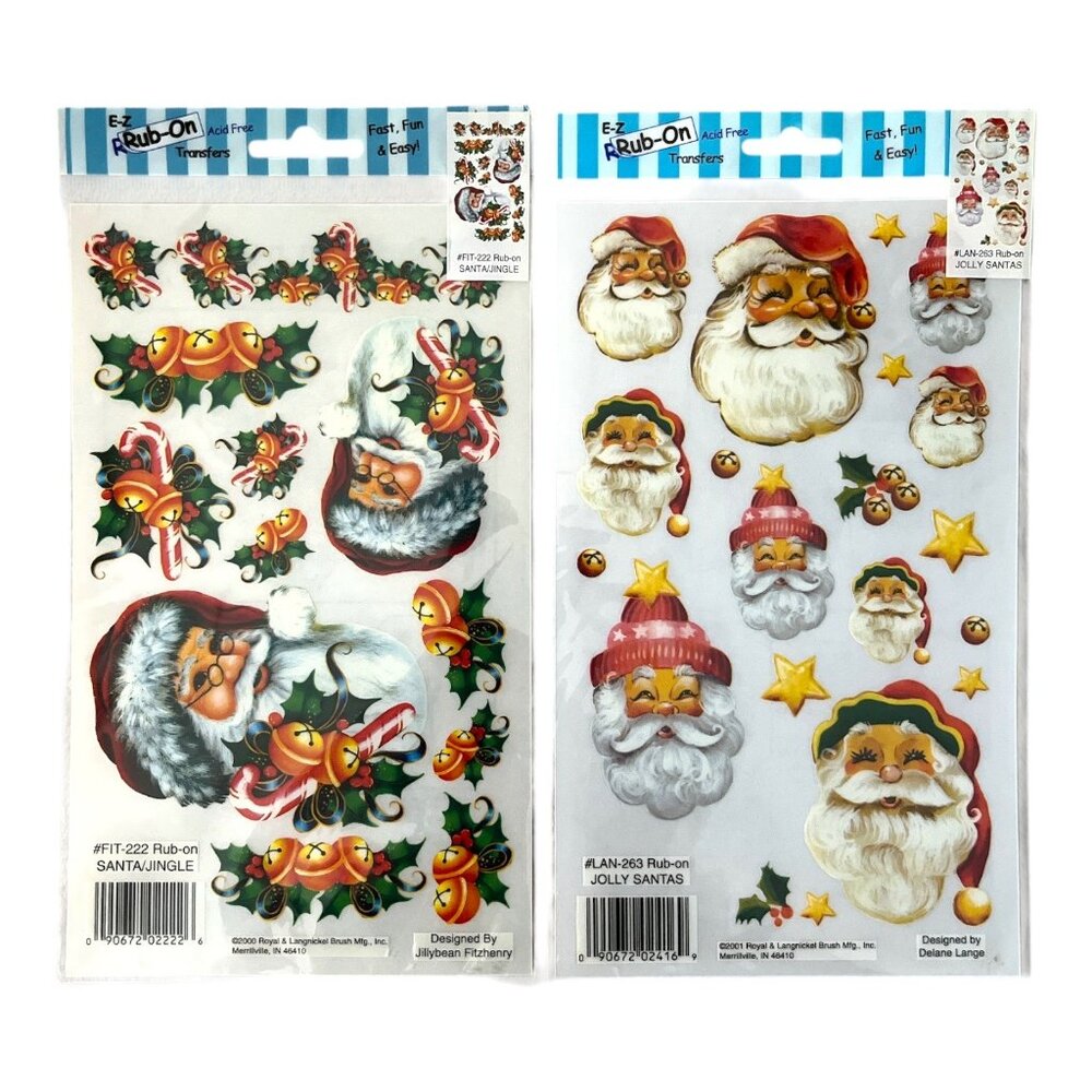 Set of 2 Vintage E-Z Rub-On Transfers – Jolly Santa Designs – 2000s Roylco Craft